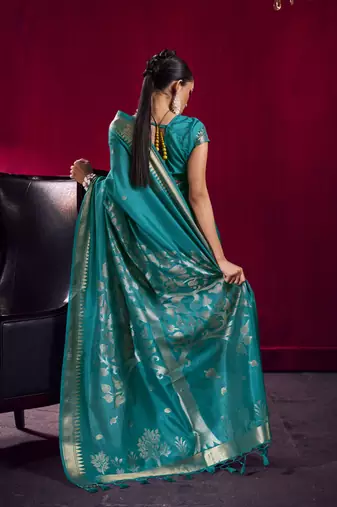 Aqua blue satin linen handloom weaving silk festival wear saree
