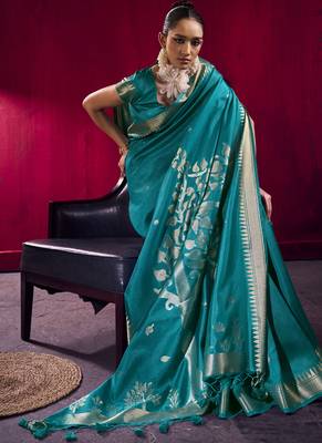 Aqua blue satin linen handloom weaving silk festival wear saree 3