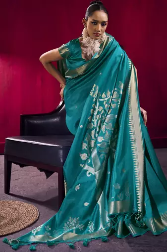 Aqua blue satin linen handloom weaving silk festival wear saree
