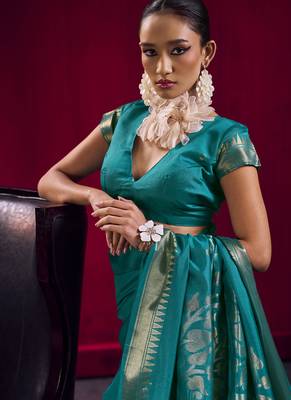 Aqua blue satin linen handloom weaving silk festival wear saree 4