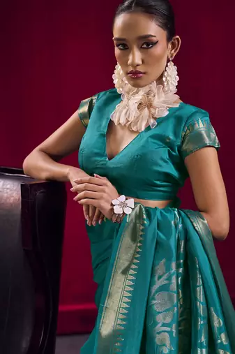 Aqua blue satin linen handloom weaving silk festival wear saree