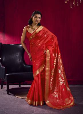 Red satin linen handloom weaving silk festival wear saree 1