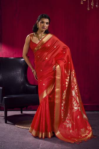 Red satin linen handloom weaving silk festival wear saree
