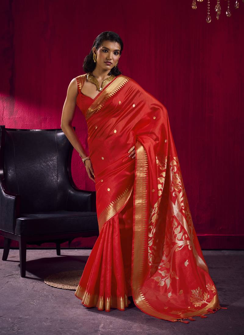 Red satin linen handloom weaving silk festival wear saree