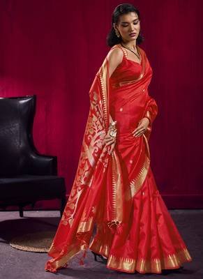 Red satin linen handloom weaving silk festival wear saree 2