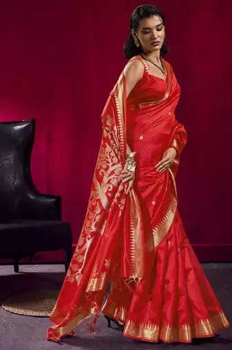 Red satin linen handloom weaving silk festival wear saree