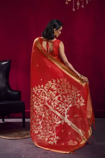 Red satin linen handloom weaving silk festival wear saree