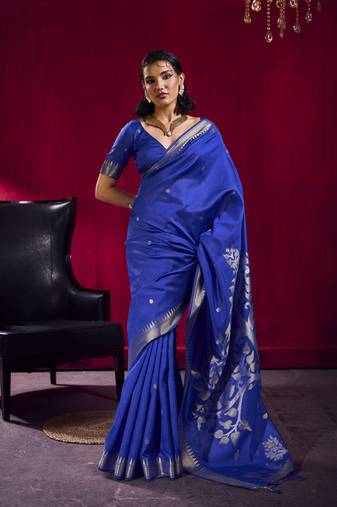 Navy blue satin linen handloom weaving silk festival wear saree