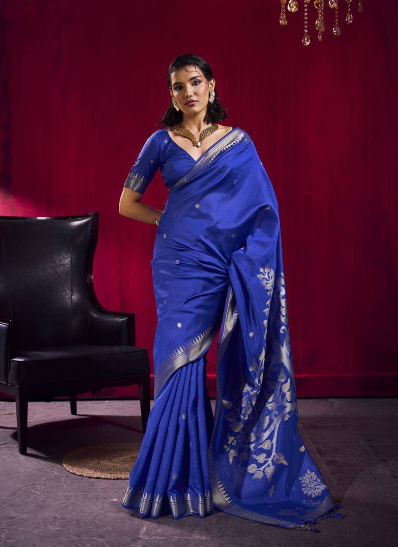 Navy blue satin linen handloom weaving silk festival wear saree