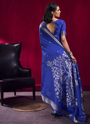Navy blue satin linen handloom weaving silk festival wear saree 2
