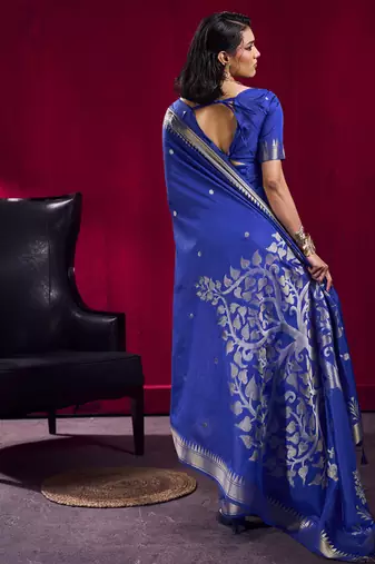 Navy blue satin linen handloom weaving silk festival wear saree