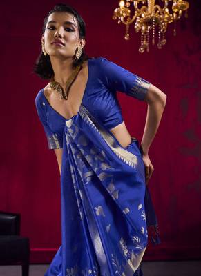 Navy blue satin linen handloom weaving silk festival wear saree 3