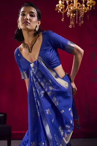 Navy blue satin linen handloom weaving silk festival wear saree