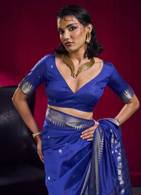 Navy blue satin linen handloom weaving silk festival wear saree 4