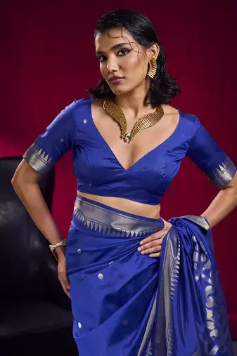 Navy blue satin linen handloom weaving silk festival wear saree