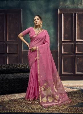 Baby pink munga silk blend handloom weaving festival wear saree 1