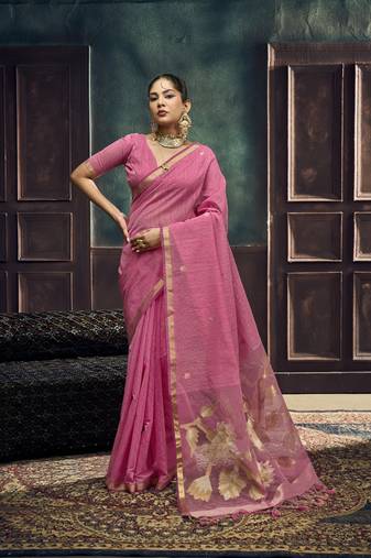 Baby pink munga silk blend handloom weaving festival wear saree