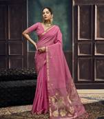 Baby pink munga silk blend handloom weaving festival wear saree