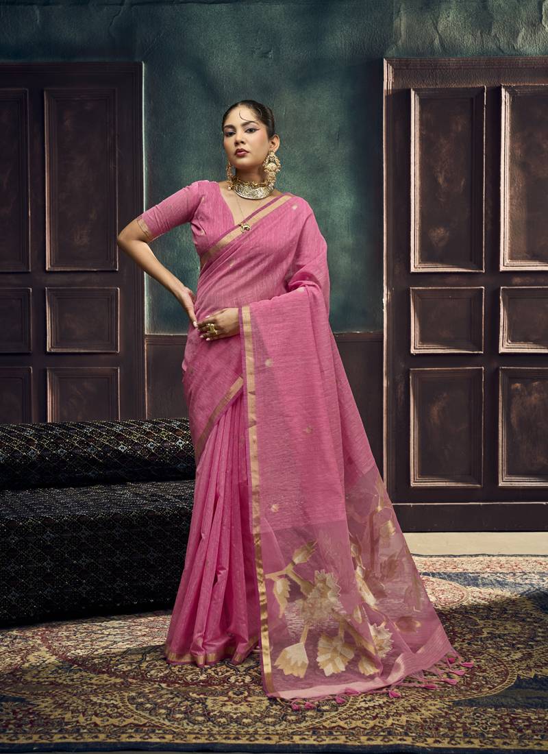 Baby pink munga silk blend handloom weaving festival wear saree