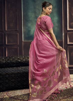Baby pink munga silk blend handloom weaving festival wear saree 2