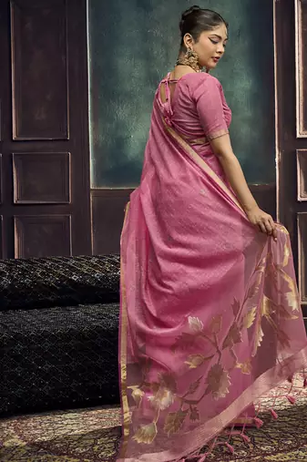 Baby pink munga silk blend handloom weaving festival wear saree