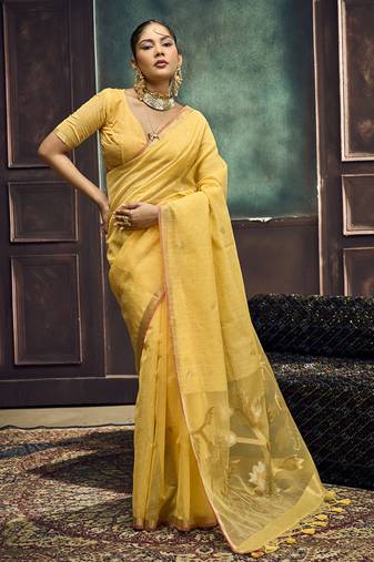 Mustard munga silk blend handloom weaving festival wear saree