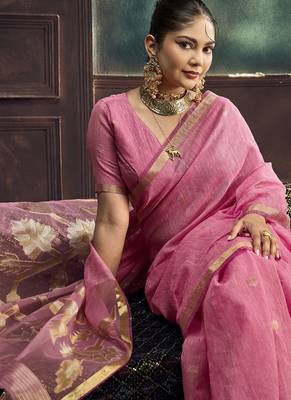 Baby pink munga silk blend handloom weaving festival wear saree 3