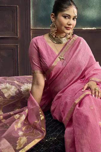 Baby pink munga silk blend handloom weaving festival wear saree