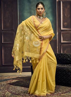 Mustard munga silk blend handloom weaving festival wear saree 2
