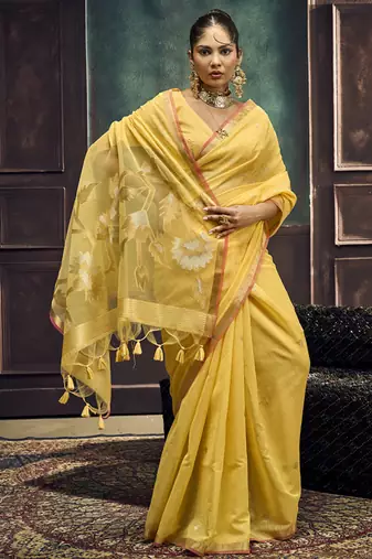 Mustard munga silk blend handloom weaving festival wear saree
