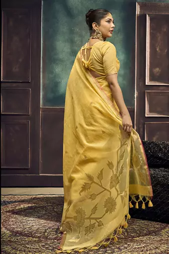 Mustard munga silk blend handloom weaving festival wear saree