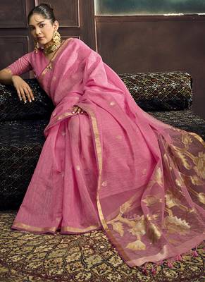 Baby pink munga silk blend handloom weaving festival wear saree 4