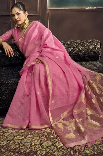 Baby pink munga silk blend handloom weaving festival wear saree