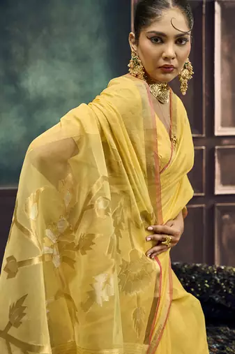 Mustard munga silk blend handloom weaving festival wear saree