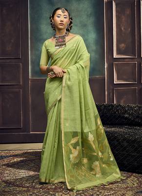 Pista munga silk blend handloom weaving festival wear saree 1