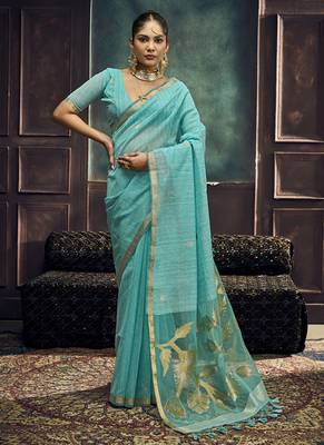 Turquoise munga silk blend handloom weaving festival wear saree 1