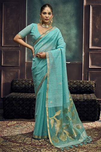 Turquoise munga silk blend handloom weaving festival wear saree