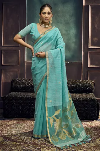 Turquoise munga silk blend handloom weaving festival wear saree