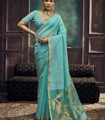 Turquoise munga silk blend handloom weaving festival wear saree