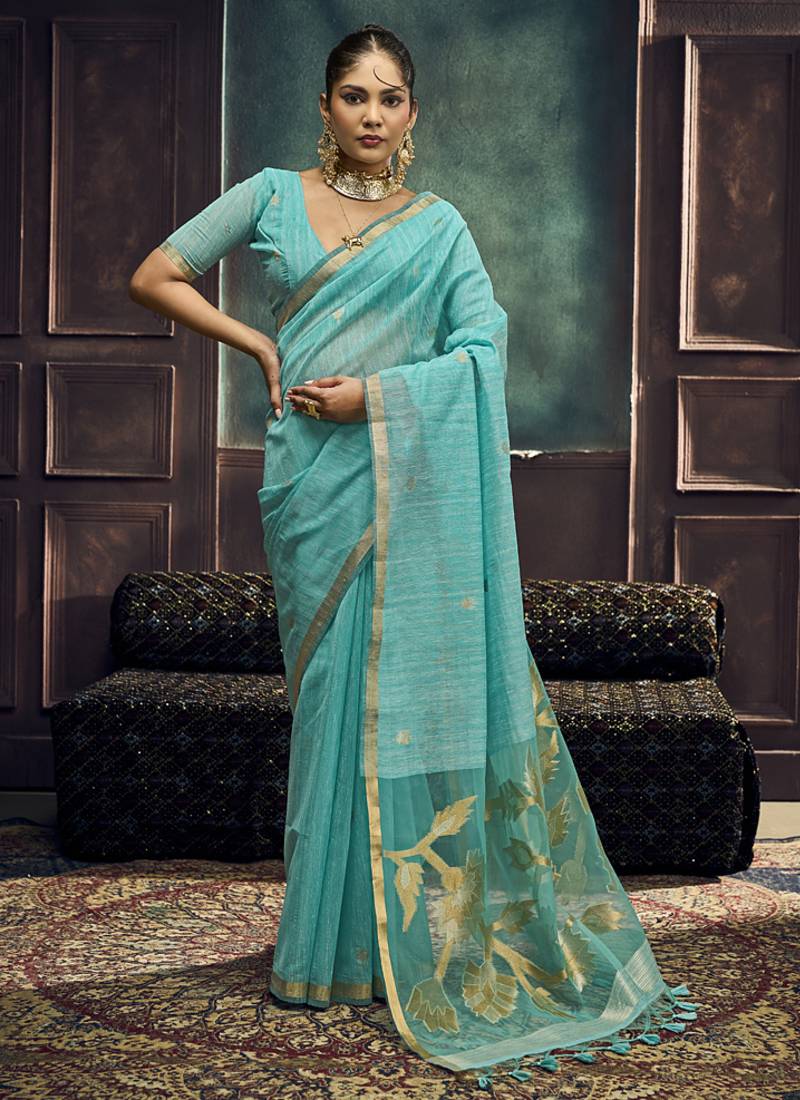 Turquoise munga silk blend handloom weaving festival wear saree