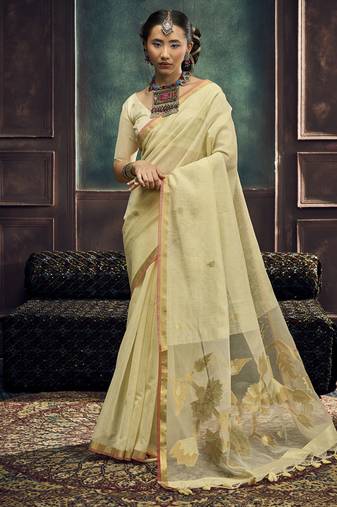 Beige munga silk blend handloom weaving festival wear saree