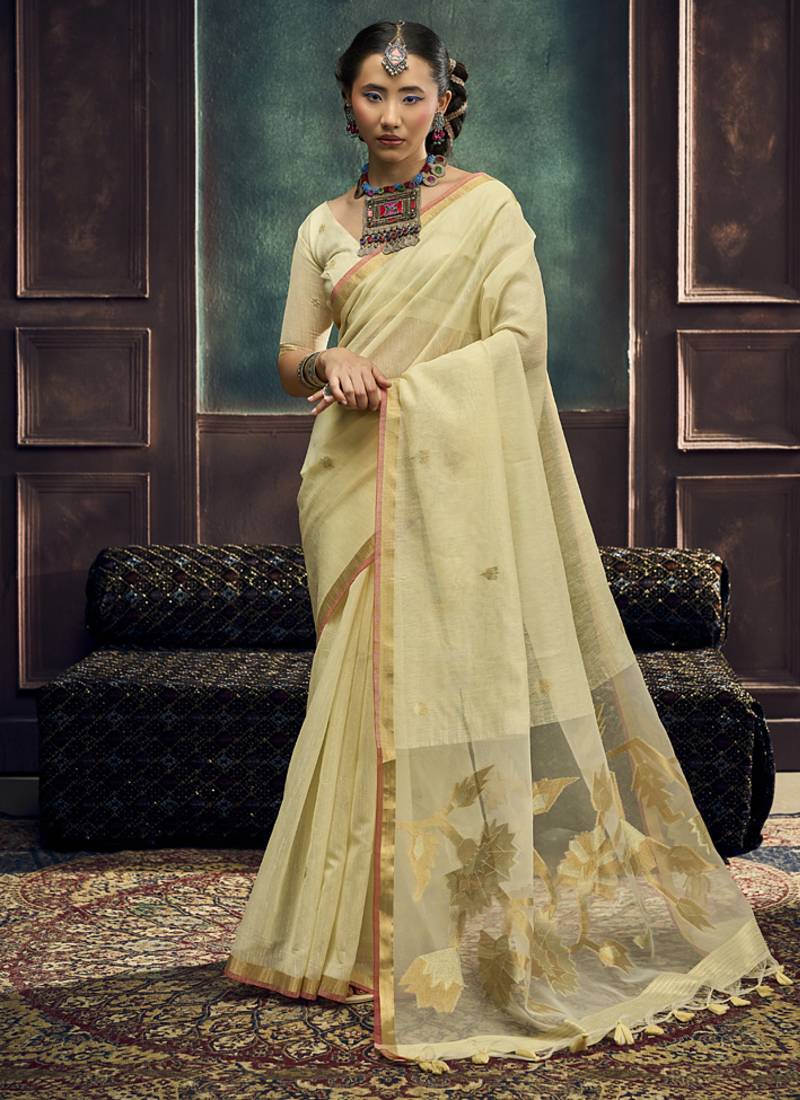 Beige munga silk blend handloom weaving festival wear saree