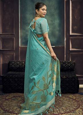 Turquoise munga silk blend handloom weaving festival wear saree 2