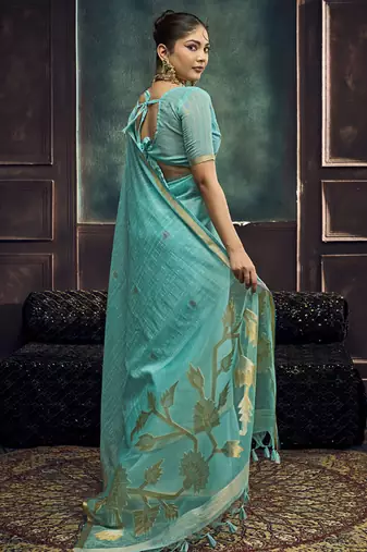 Turquoise munga silk blend handloom weaving festival wear saree