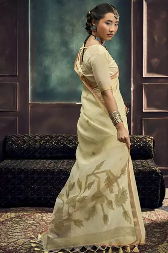 Beige munga silk blend handloom weaving festival wear saree