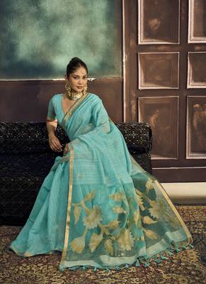 Turquoise munga silk blend handloom weaving festival wear saree 3