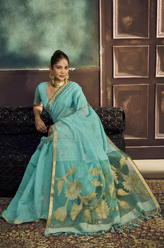 Turquoise munga silk blend handloom weaving festival wear saree