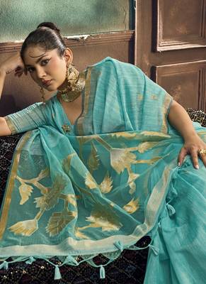 Turquoise munga silk blend handloom weaving festival wear saree 4