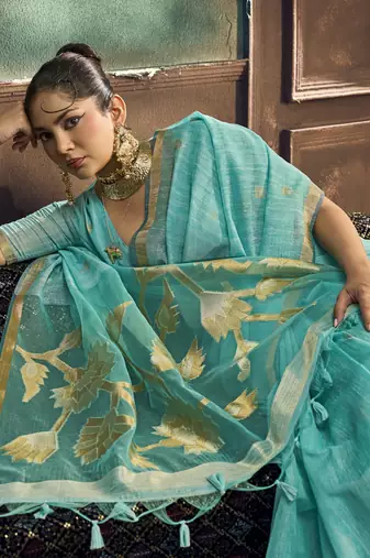 Turquoise munga silk blend handloom weaving festival wear saree