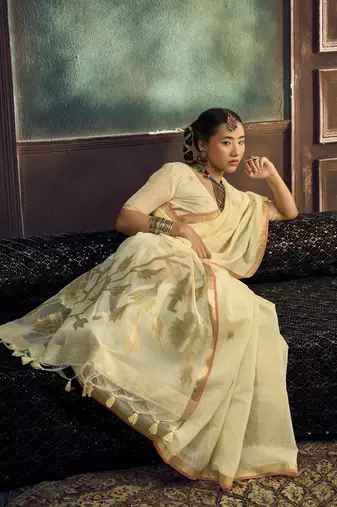 Beige munga silk blend handloom weaving festival wear saree